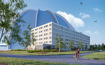 3D-Modell des geplanten modularen Hotels an der Ostseite der Tropical Islands Halle; © Gärtner & Christ 3D-Modell des geplanten modularen Hotels an der Ostseite der Tropical Islands Halle; © Gärtner & Christ
